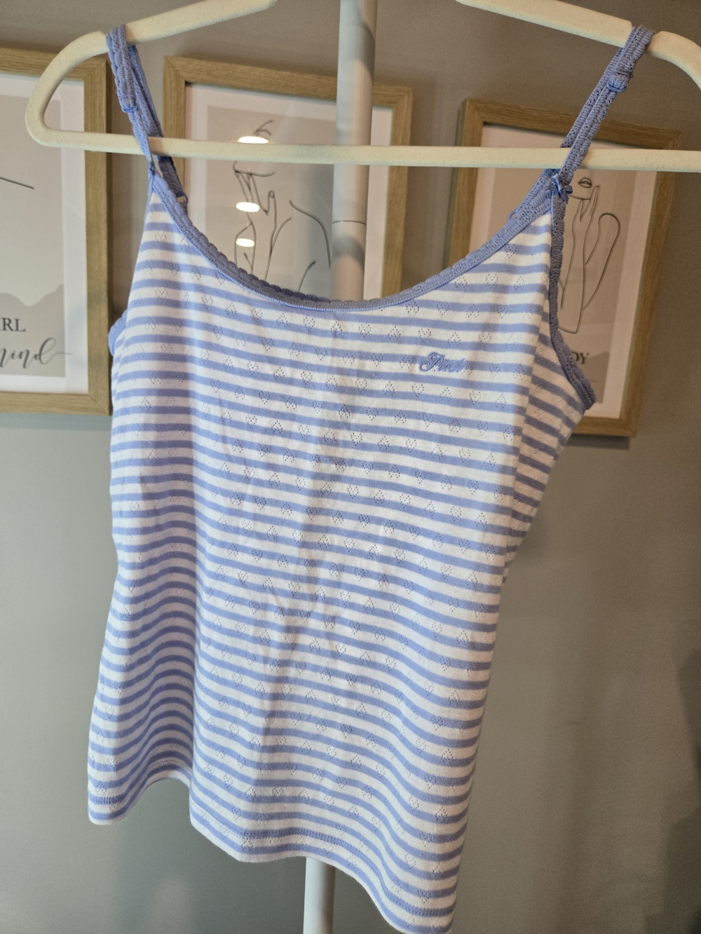 PINK Victoria's Secret Blue and White Striped Lace-Trim Cami